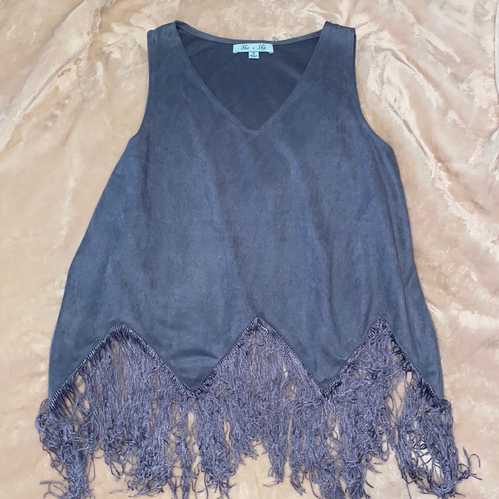 She & Sky Blue Suede Fringe Tank Top